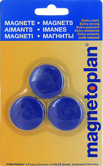 Магниты Junior, d=34х9мм, сила 1,3кг, 3шт./уп., синие, в блистере