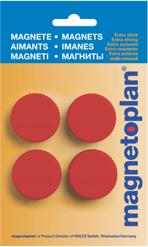 Магниты Magnum, d=34х13мм, сила 2кг, 4шт./уп., красные, в блистере